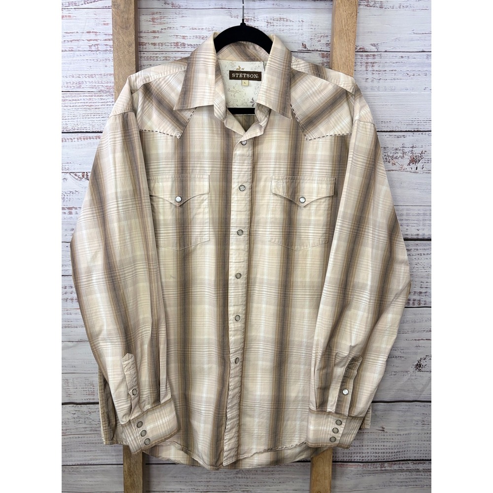 Stetson Mens Tan Brown Plaid Western Pearl Snap Shirt Long Sleeve Cotton Large